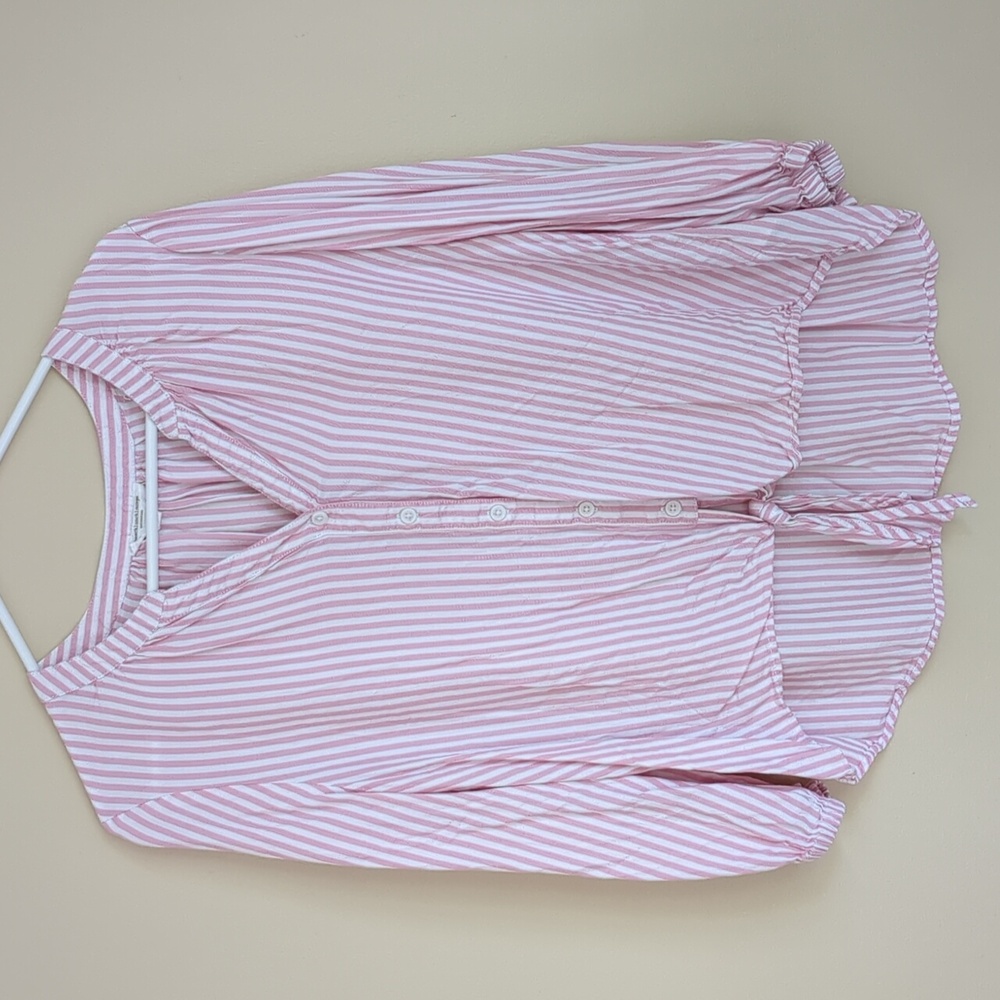 Large Pink and White Stripes Tie Waist Button Front BeachLunchLouge Shirt